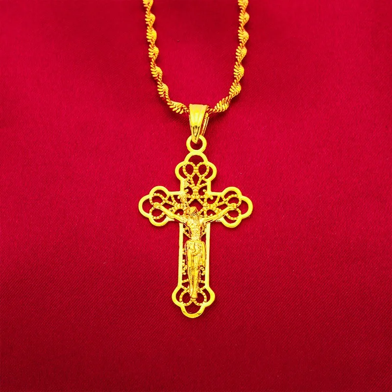 9999 24K genuine gold classic men's and women's dominant cross necklace men's and women's chain cross gold jewelry pendant
