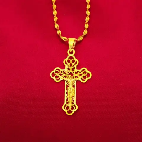 Chain 24K gold 9999 24K genuine gold classic men's and women's dominant cross necklace men's and women's chain cross gold jewelry pendant