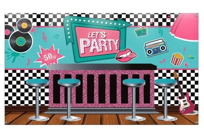 Fondo de fiesta de cumpleaños de Rock Roll, fondos fotográficos Retro, hora de comedor, tienda de comida rápida, baile de bola, tema de música, 50s