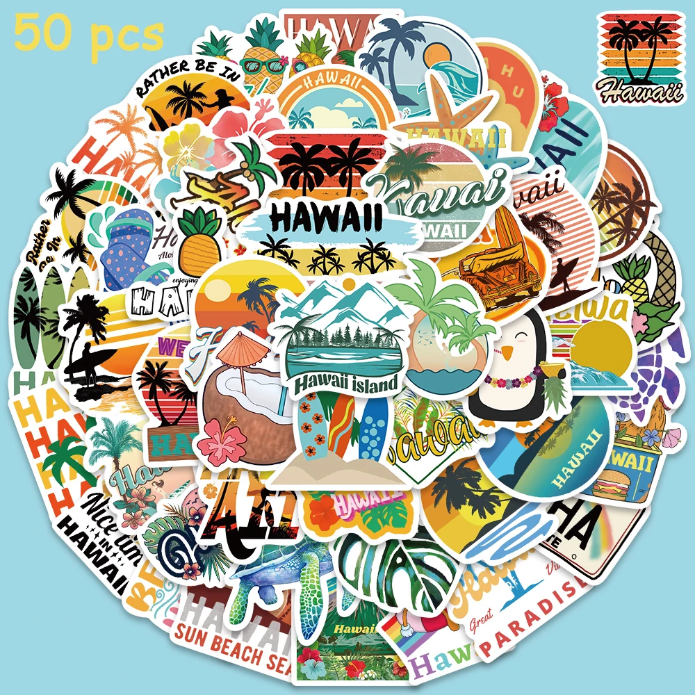 50pcs Hawaii Sea Beach Stickers Vinyl Waterproof Laptop Guitar Luggage Bike Motorcycle Helmet Notebook Stickers Decals