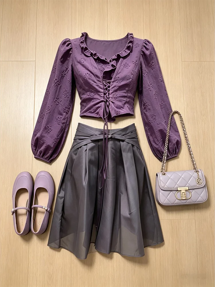 

Date Night Atmosphere Purple Ribbon Waist Top Women's Summer Black A-Line Skirt Sweet Two-Piece Set Fashionable Ensemble