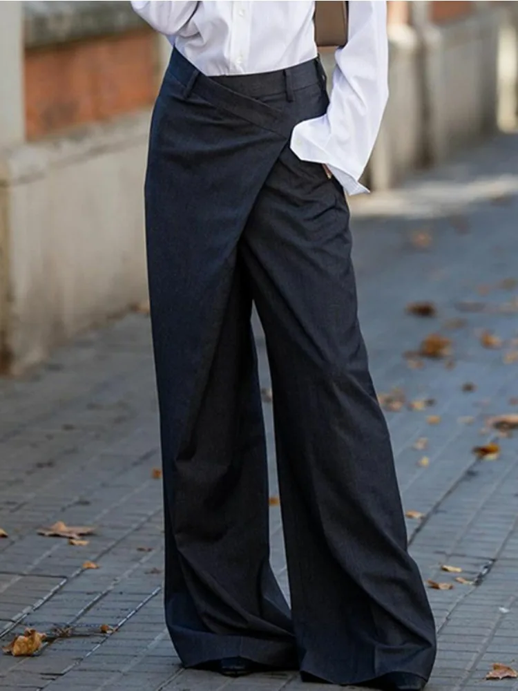 Bonboho Women\'s Solid Color Commuter Pants 2025 Summer New High Waist Asymmetric Wide Leg Trousers Casual Streetwear Pants