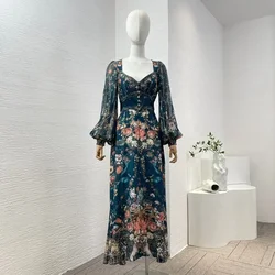 2024 new summer high quality women vintage navy blue floral print full lantern sleeve diamonds compressed silk midi dress