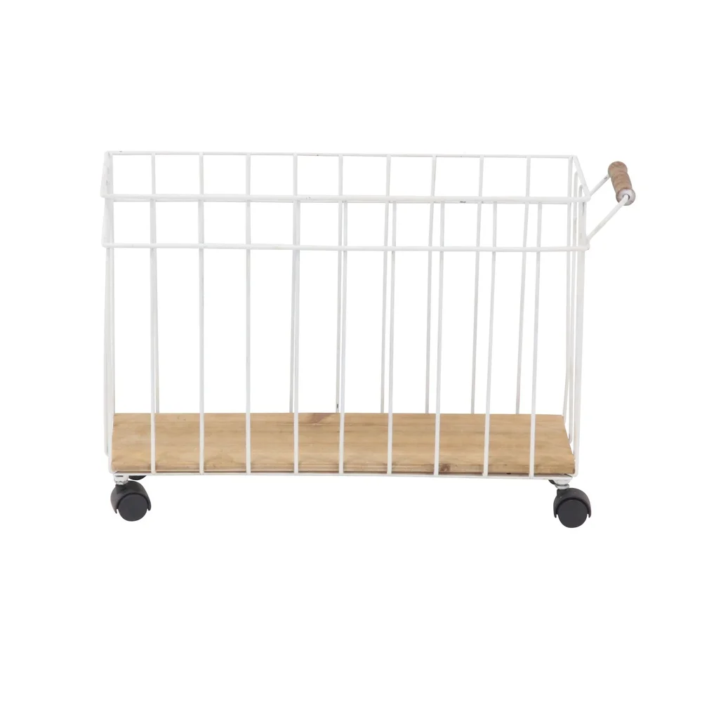 Rustic Wood Metal Magazine Holder with Caster Wheels Portable Storage Basket Home Office Organizing