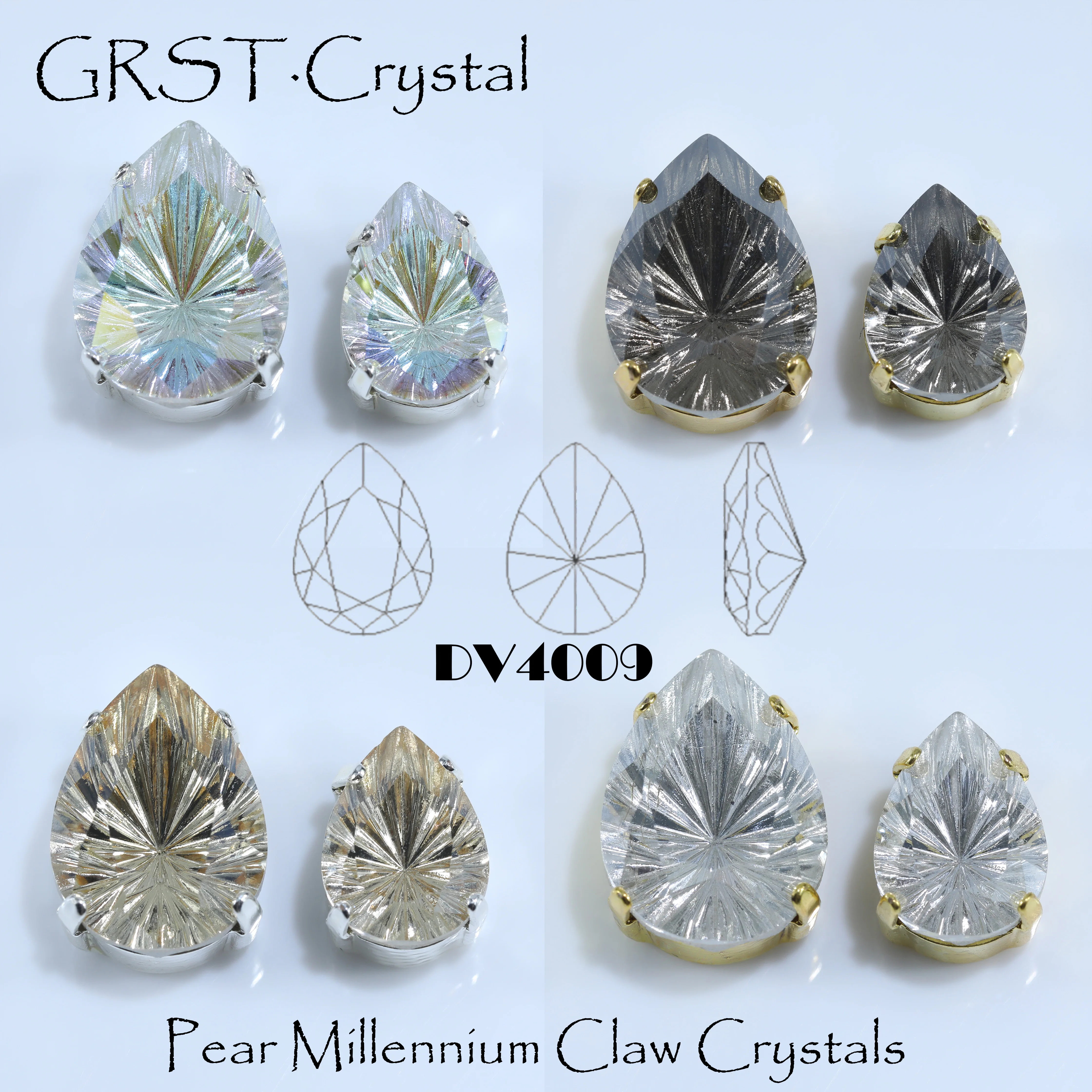 Multi-Faceted Teardrop Millennium Cut Sew On Claw Rhinestones Metal Prong Setting K9 Glass Crystal Strass For Garment Bag Hair