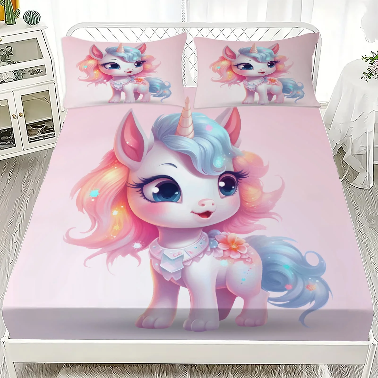 1pc Cute Pastel Unicorn Print Fitted Sheet Deep Pocket Elastic Mattress Cover Single Double Queen King Bedroom Decor