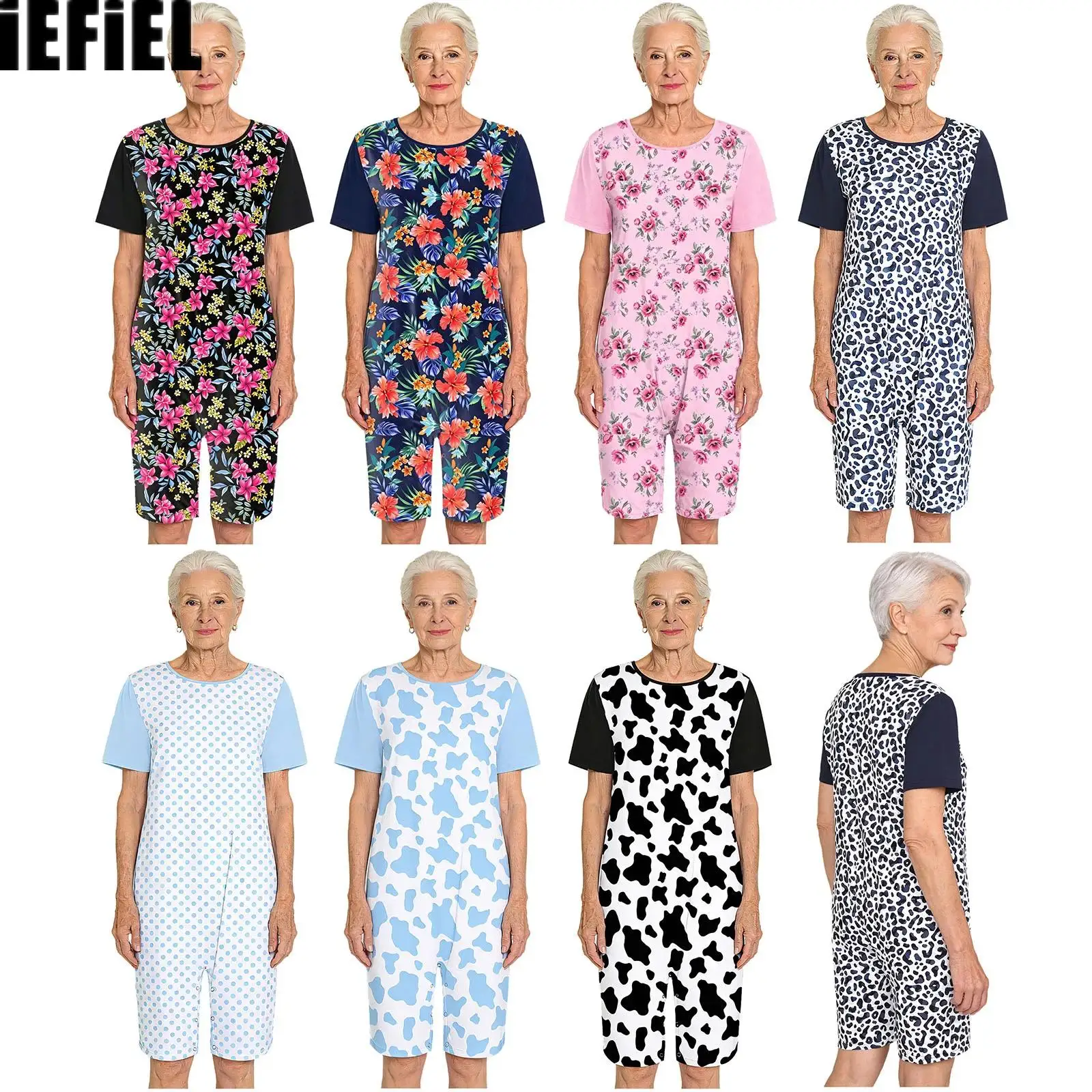 Womens Adults Special Needs Adaptive Jumpsuit Print And Color Blocking Short Sleeve Buttoned Crotch Short Bodysuit