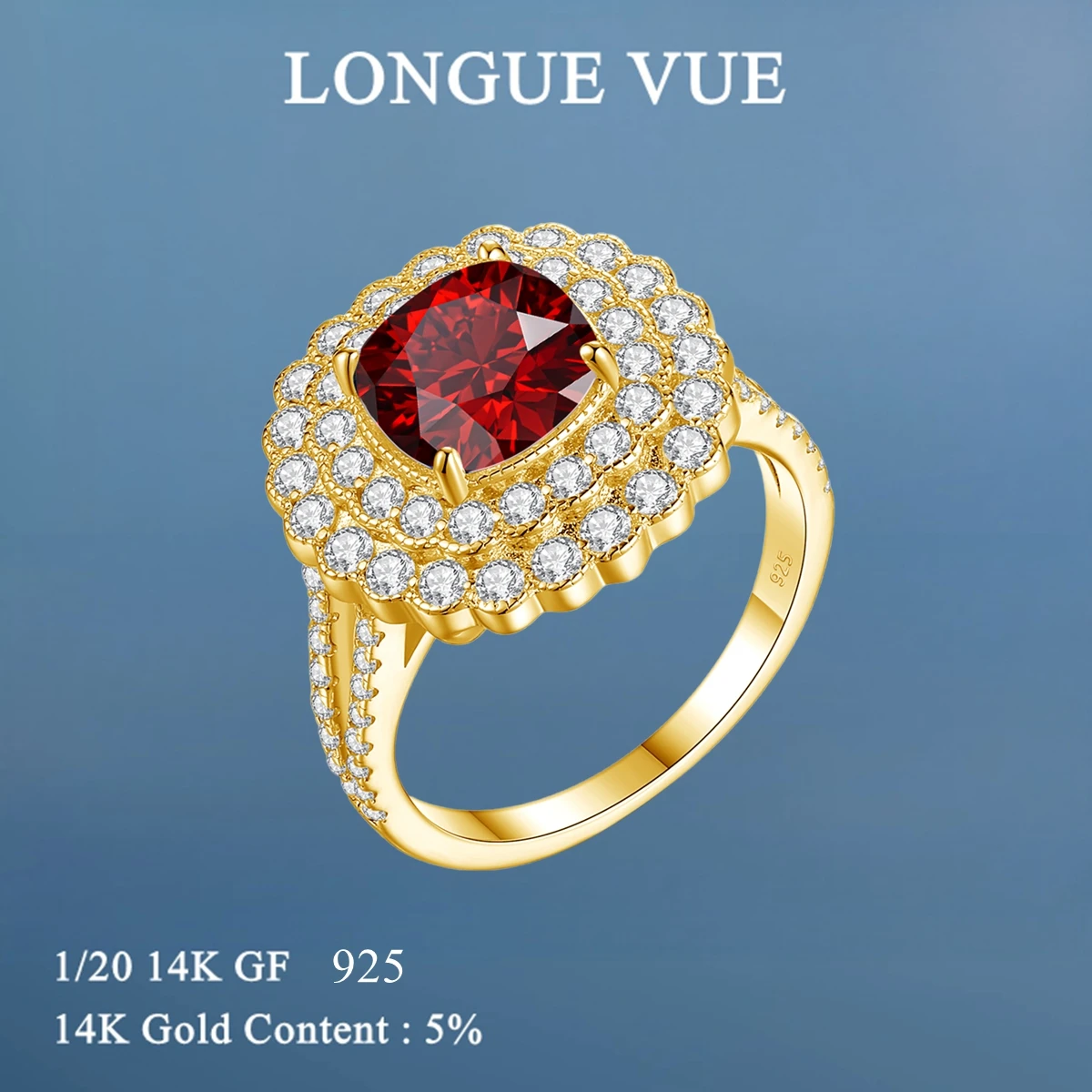

14k Gold Filled 2.5CT Brilliant Halo Garnet Engagement Rings For Women Girls Promise Gift Moissanite Wedding Band Jewelry