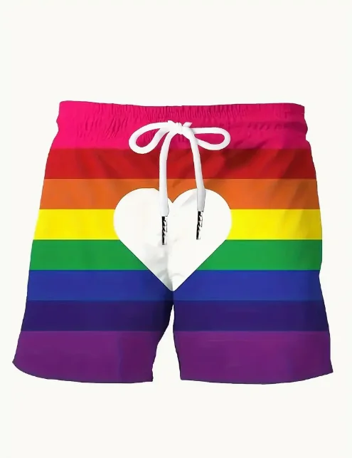 Summer New Style Men\'s Rainbow Pride Elastic Waist Drawstring Shorts Fashion Quick-Dry Beach Shorts Casual Comfort Loose Pants