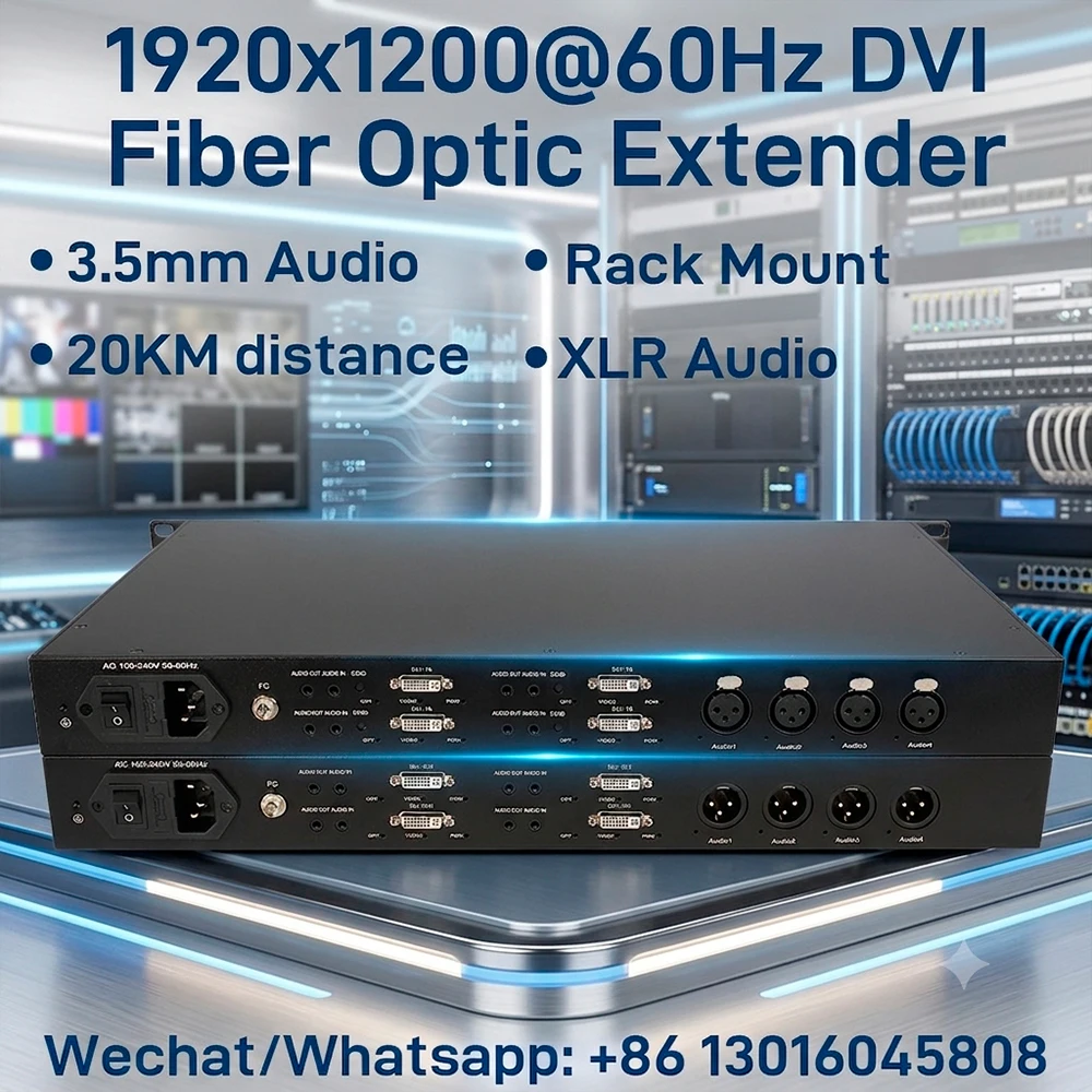 

DVI Fiber Extender 1920x1080P@60hz Rack Mount with 4CH Forward / 2CH BIDI XLR Audio, 3Gbps LC SFP Singlemode 20KM Transceiver