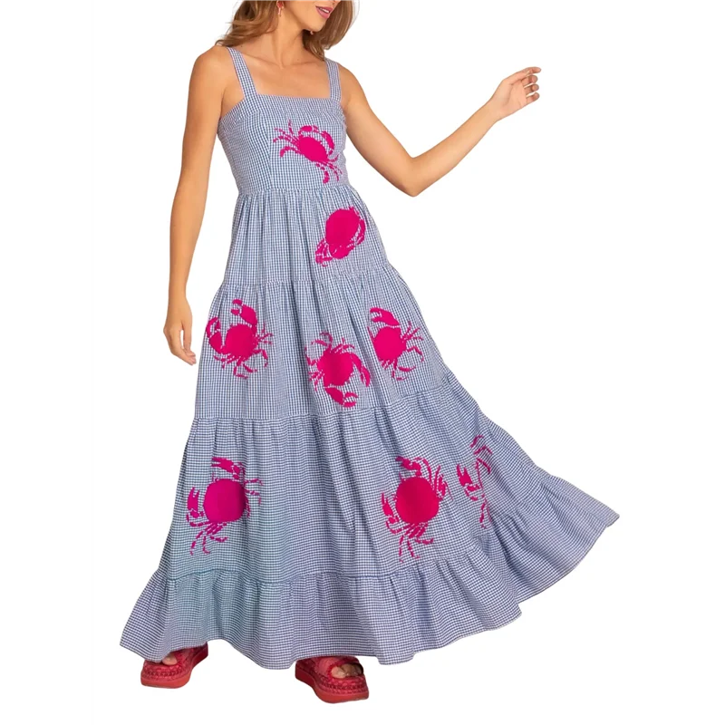 FX-femmes robe Maxi brodée sans manches smockée robe d'été fluide Boho robes longues d'été plage Vocation