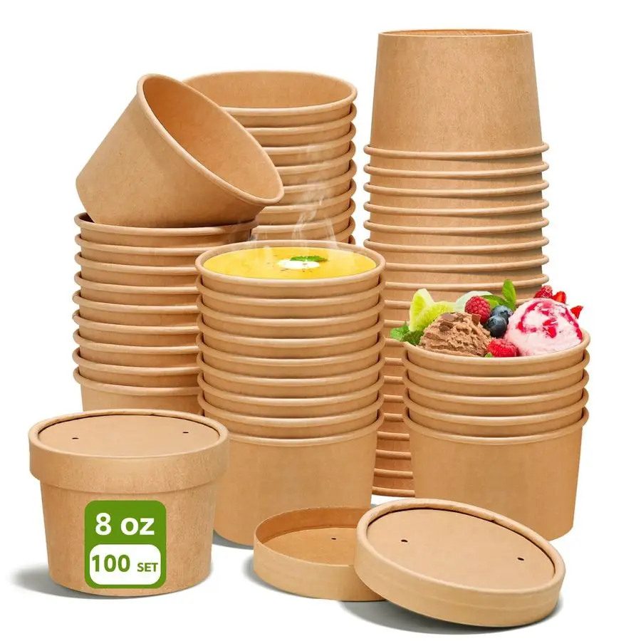 

8oz Paper Soup Container Cup with Vented Lids, Disposable Paper Food Container Kraft Dessert Bowl Soup Bowls, Microwavable and F