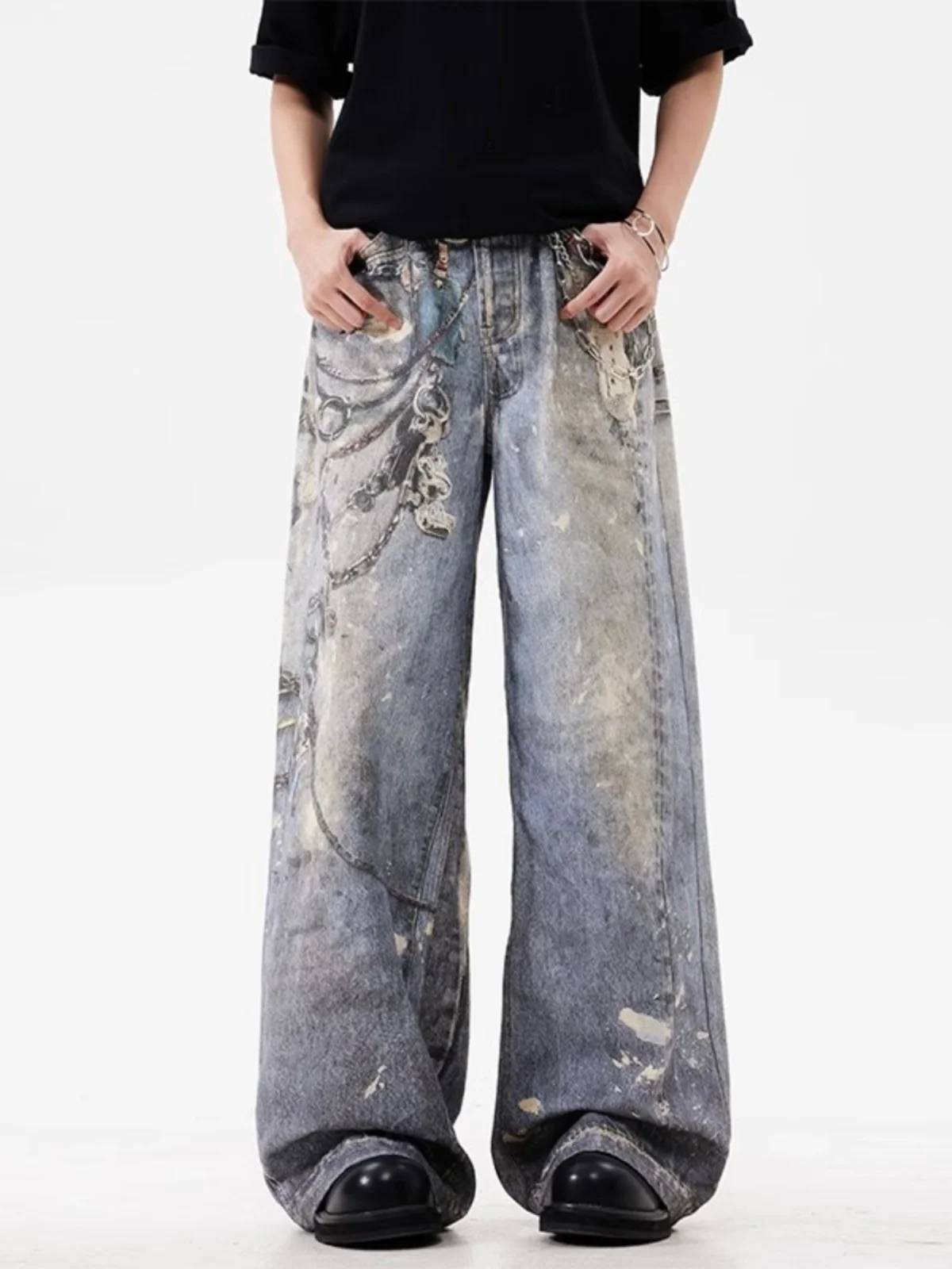 Retro 3D Digital Print Loose Jeans Men's Sle Faded Dyeing Chain Strap Casual Straight Leg Jeans Youth Trend American Sle