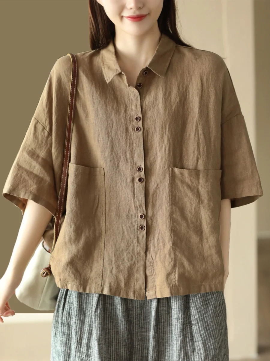 ลําลองผ้าฝ้ายผ้าลินิน irt ผู้หญิงฤดูร้อนใหม่ Sle ศิลปะ Retro Big ket Turn-down Collar หลวม irt Casual ...