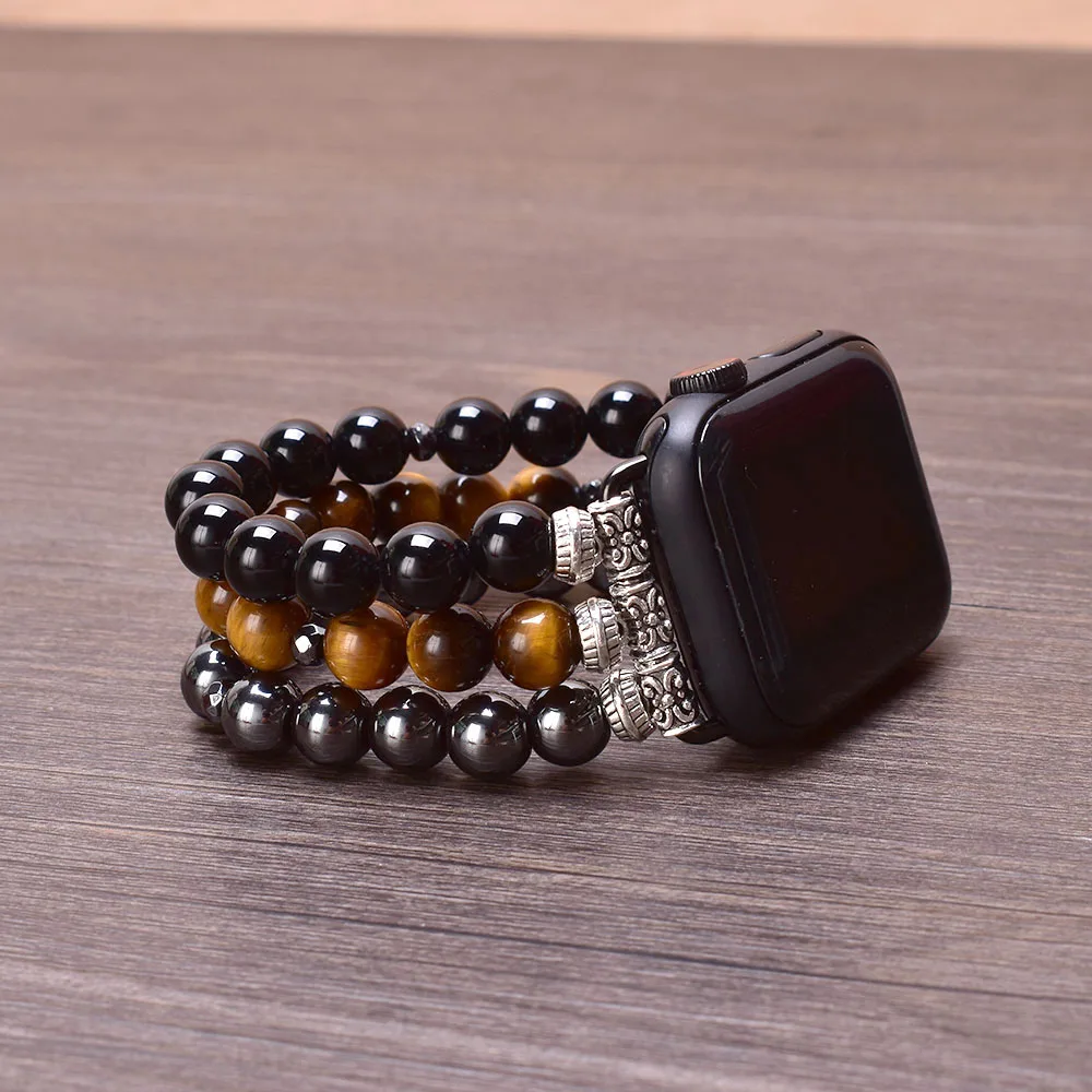 Hematite Tiger Eye Black Onyx Apple Watch Band 38mm 40mm 41mm 42mm 44mm 45mm Stone Beaded Bracelet Strap for Iwatch Series 1-SE