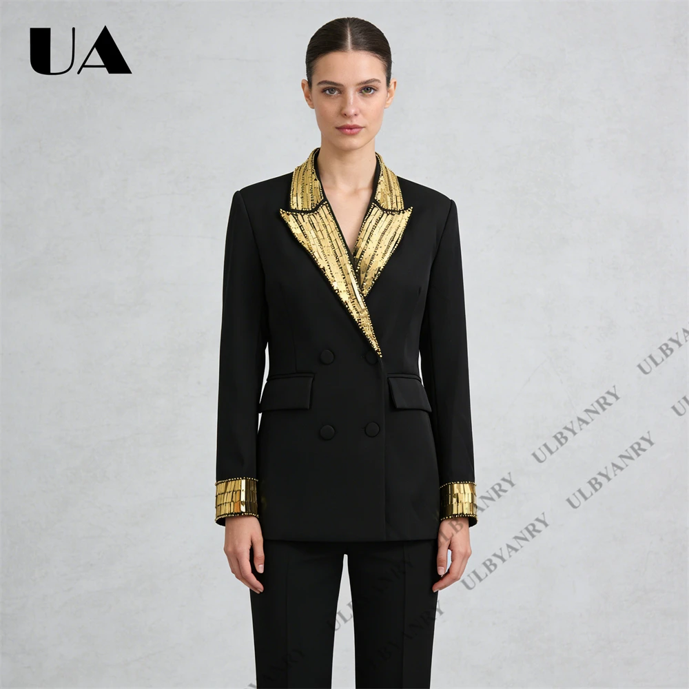 Women's Black Sequin-Embellished Double-Breasted Blazer with Gold Accents for Masquerade Ball Bold Stylish Dinner Suit Jacket