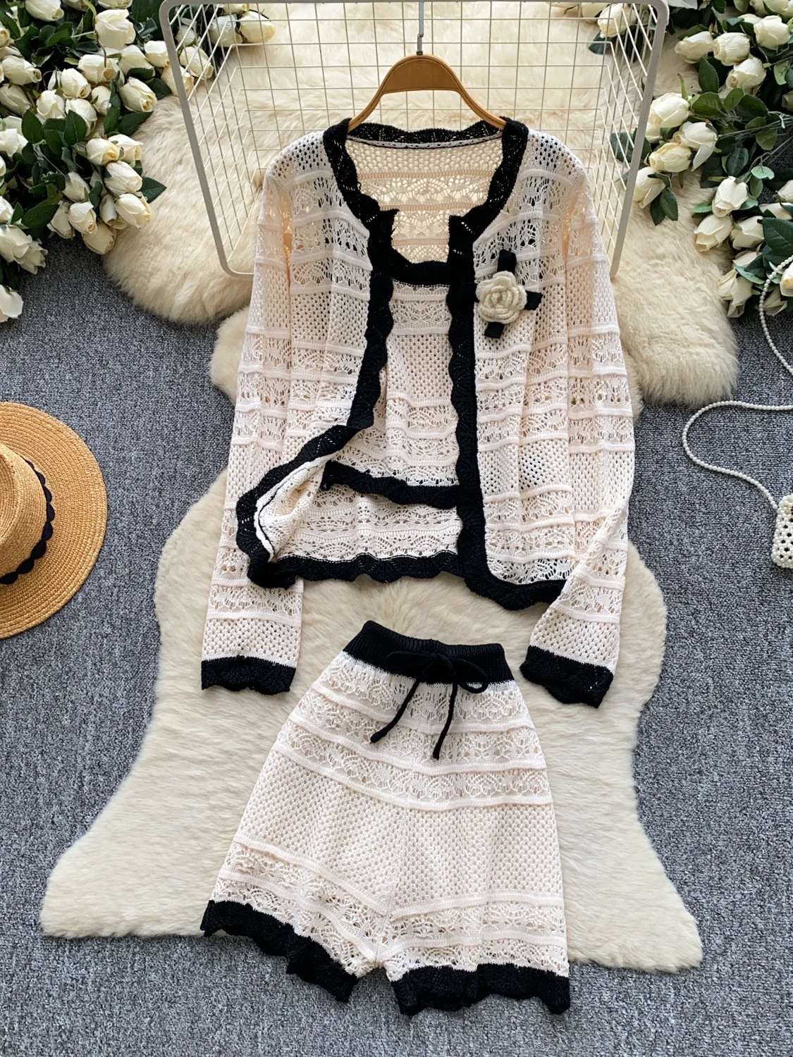 Korean Gentle Color Block Knitted Cardigan Strap Vest Wide Leg Shorts Women's Autumn Versatile Three Piece Set Fashionable Co...