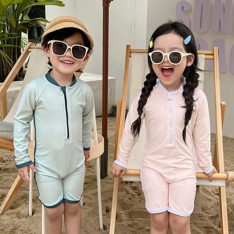 Korean Children\'s Swimsuit Baby Swimwear Boy Zipper One Piece Long Sleeved Quick Drying Cute Girl Swimsuit Kids Swim Suit Boys