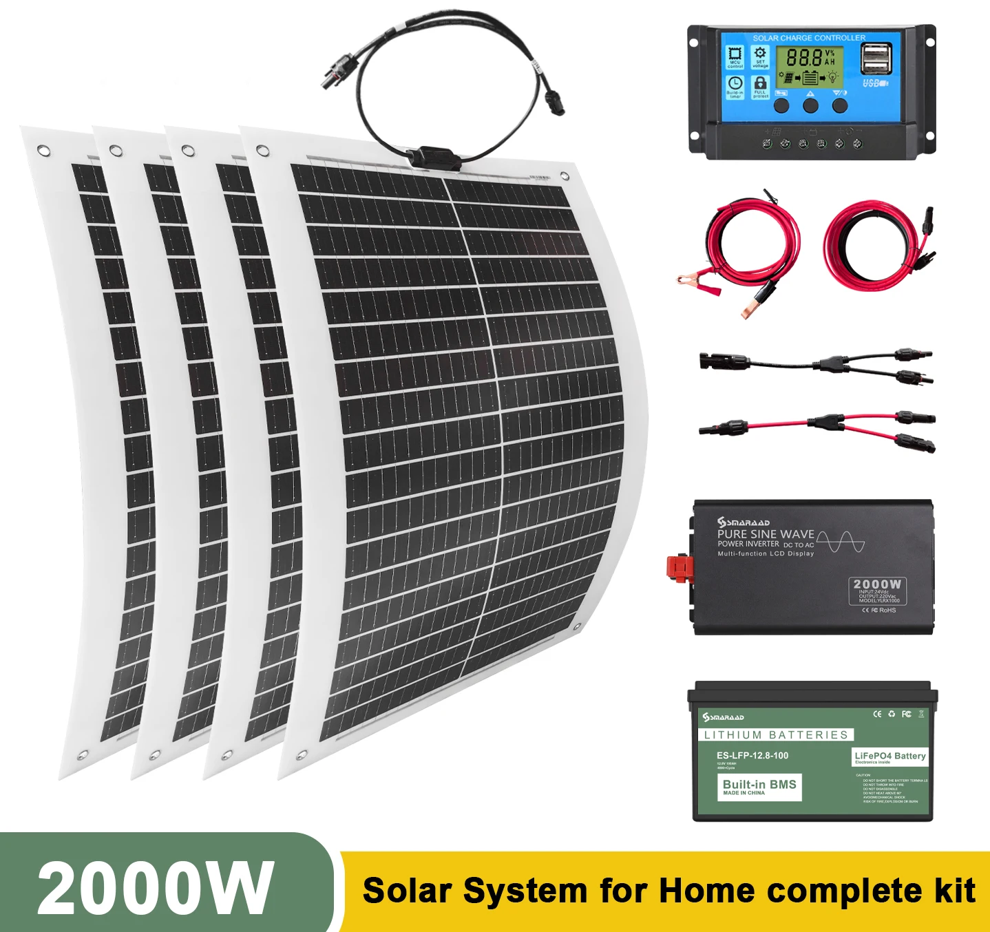 2000W Solar System Kit WaterProof Single Crystal Solar Panel Camping RV Home Charging 12V With Battery