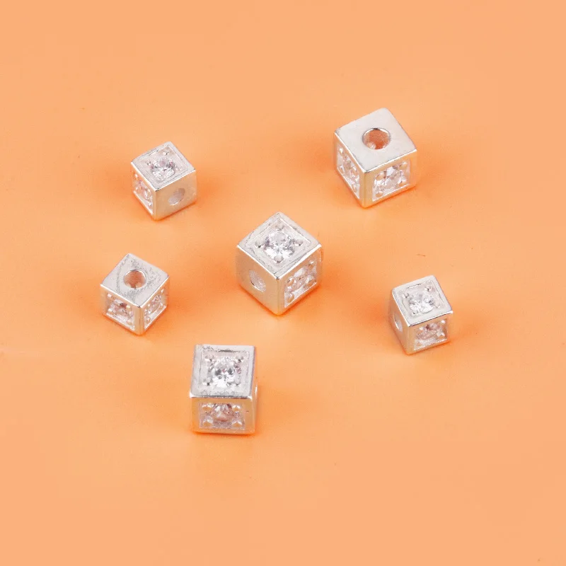 S925 silver cube set with zircon road through partition beads, diy handmade necklace and bracelet