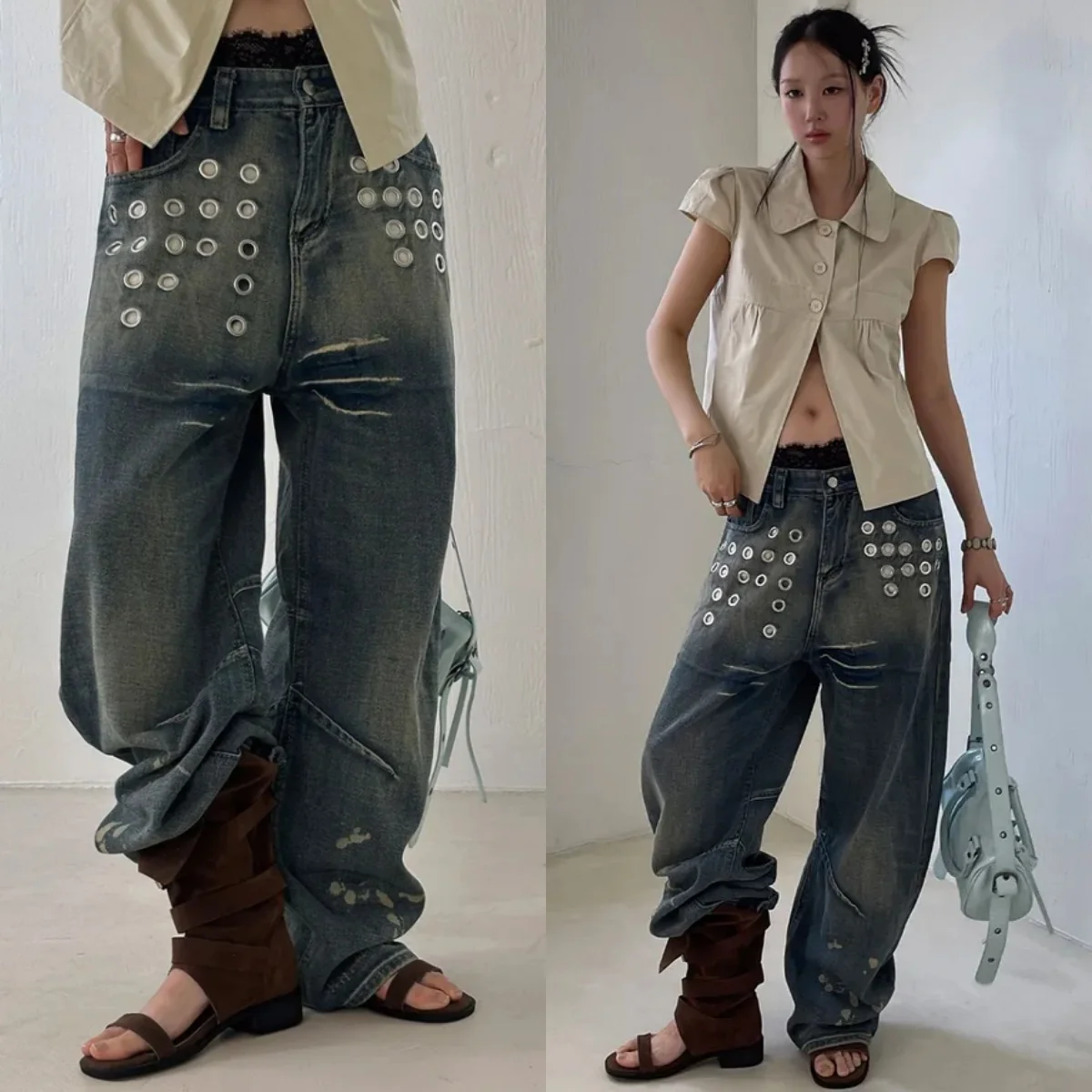 SuperAen High Street Retro Washed Metal Hole Denim Wide-leg Pants 2026 Spring and Autumn New Blue Full Length Pants