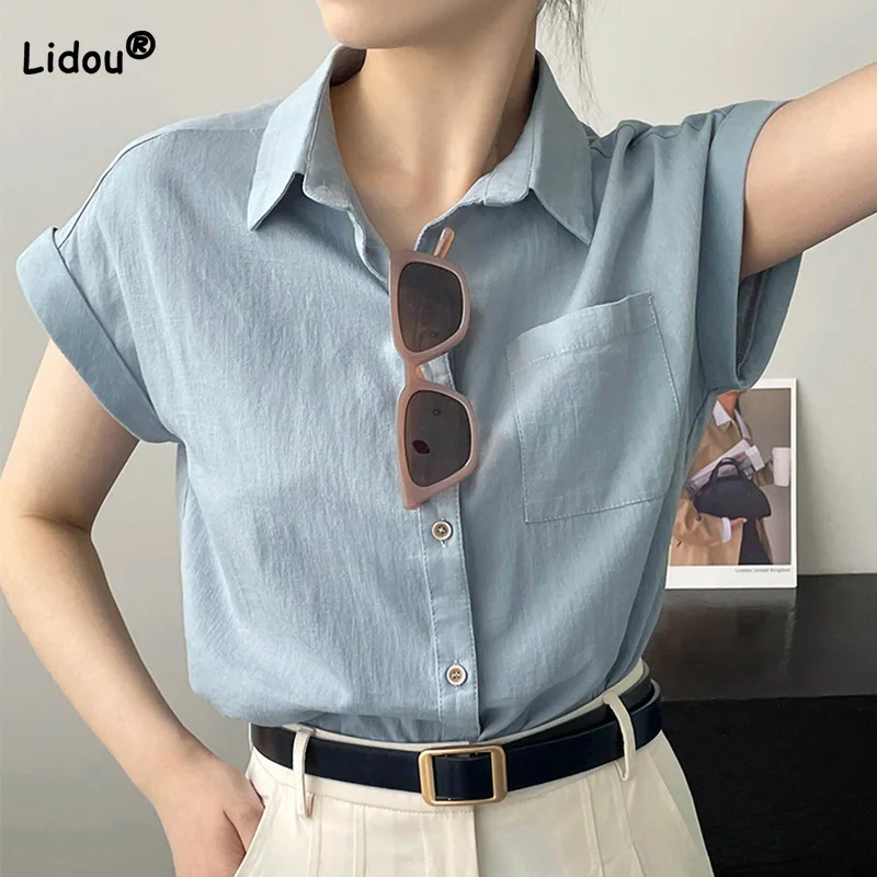 Cotton Linen Short Sleeve Blouse Casual Summer Clothes for Women Turn-down Collar Pockets Splicing Button Solid Color Shirt