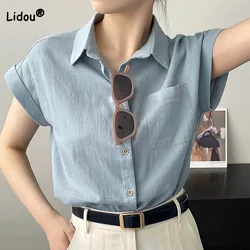 Blusa de linho de algodão manga curta feminina, gola virada para baixo casual, bolsos, botão de emenda, camisa monocromática, roupas de verão