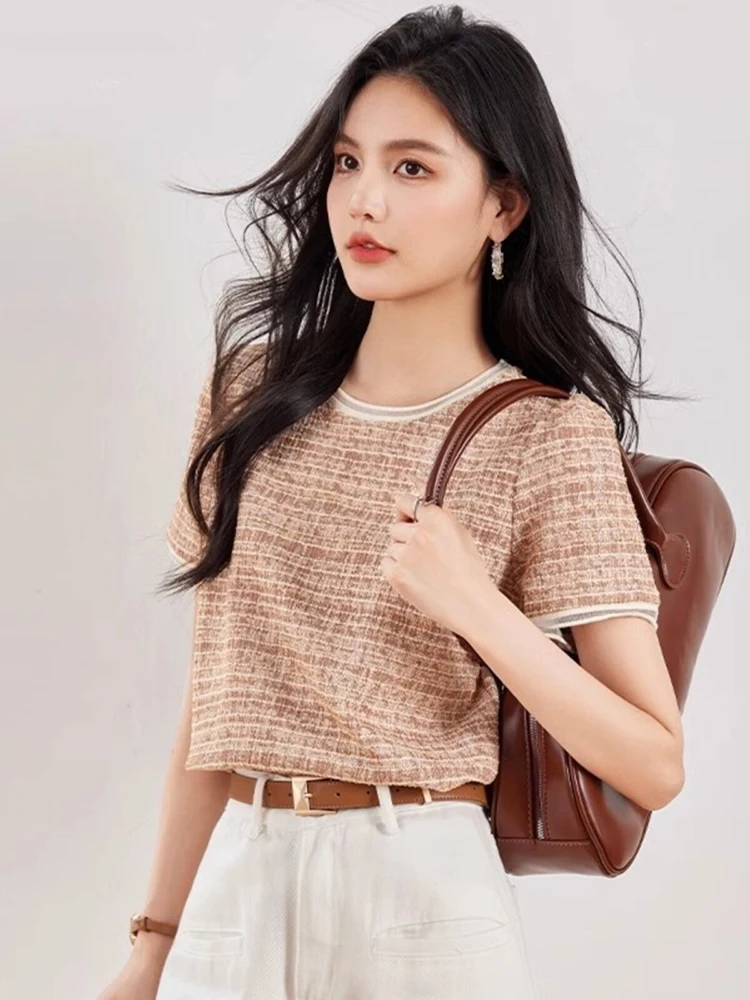 Korean Version Summer New Short sleeved T-shirt Women's Checkered Unique Design Round Neck Commute Versatile Elegant Top