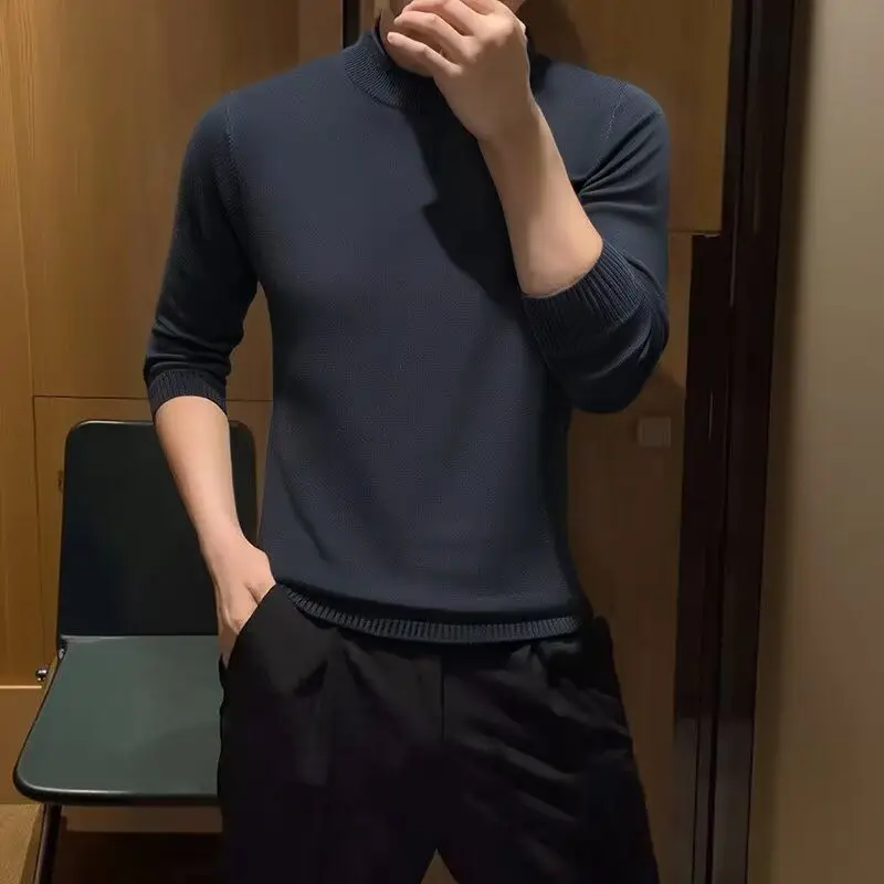 سترة Thiened Long Sve Base irt للرجال متوسطة الياقة العالية بلون نقي ملابس الخريف الدافئة سترة محبوكة من البوليستر الناعم #5