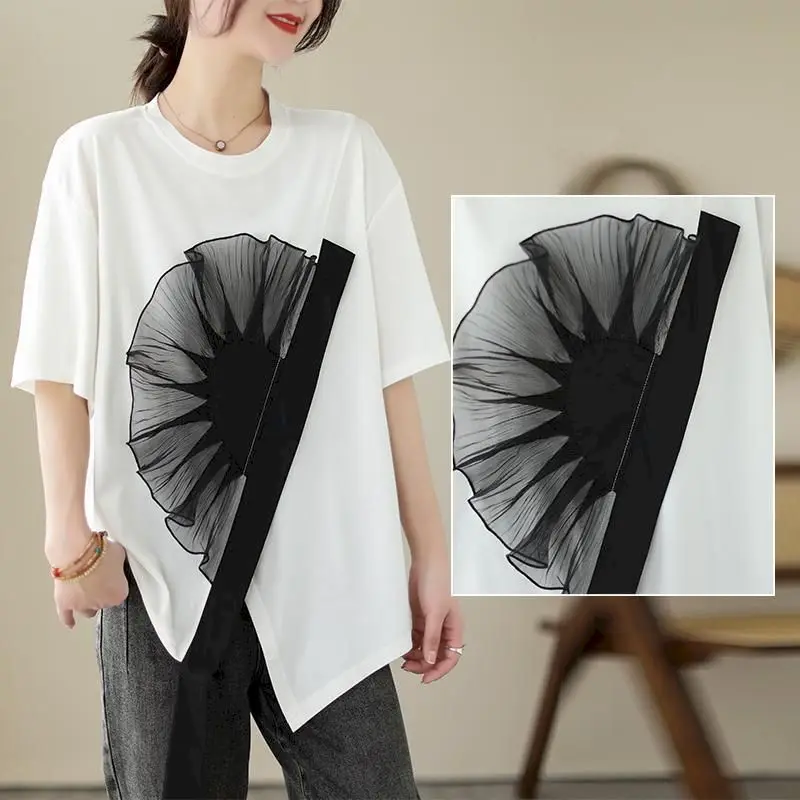 

Дизайнерские женские футболки: модный нишевый топ с коротким рукавом, летняя трендовая свободная футболка, персонализированная футболка из органзы с элементами пэчворка