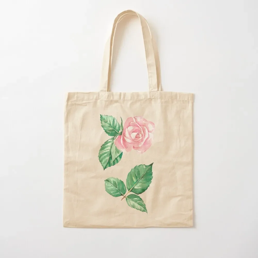 

Hand-painted watercolor pink rose with green leaves - sticker set Tote Bag cute tote bag canvas tote Bag