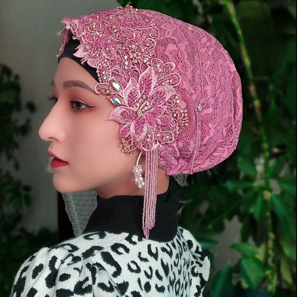 

Women's Hijabs Muslim Fashion Mesh Fabric Bead Tassel Hat with Diamond Embroidered Hats Gorgeous Home Party Wear Pink Caps