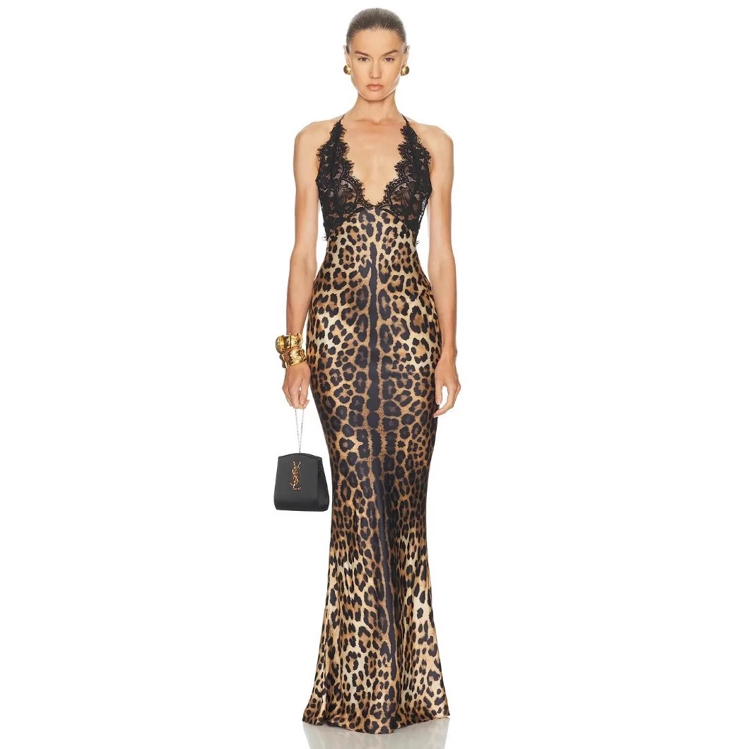 JHJN Leopard Print Around The Neck Satin lace Backless Long Skirt Women Sexy Dress Banquet Dress