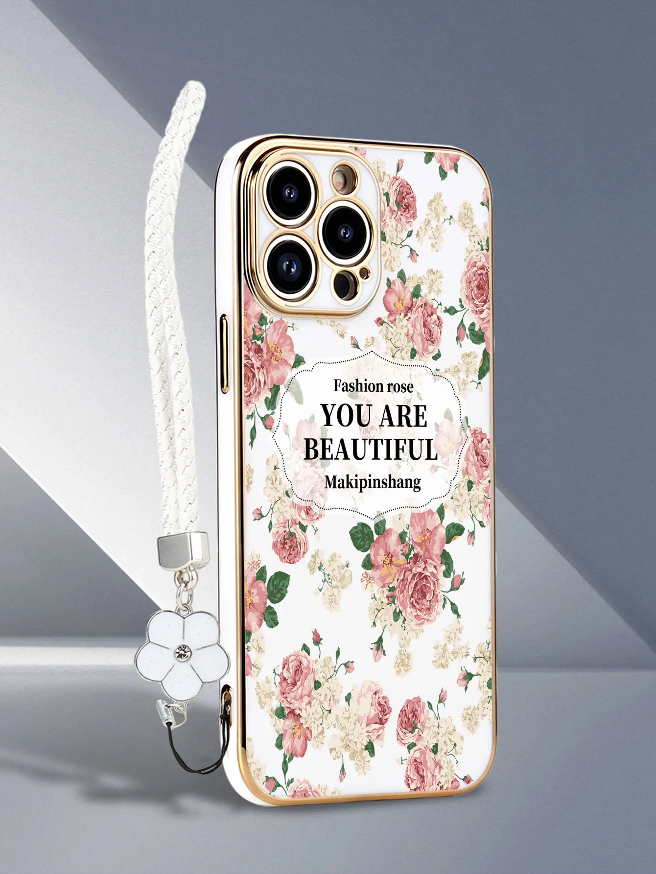 Fashion Cute Flowers Pattern Lanyard Painted Phone Case For iPhone 17 16 13 12 11 Pro Max 15 14 Plus X S Plating Soft Back Cover