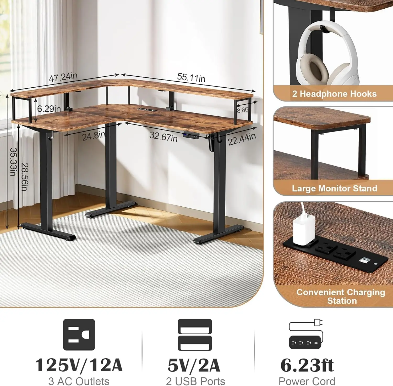 L Shaped Electric Standing Desk Height Adjustable Sit Stand Desk with LED Light and Power Outlet, 55