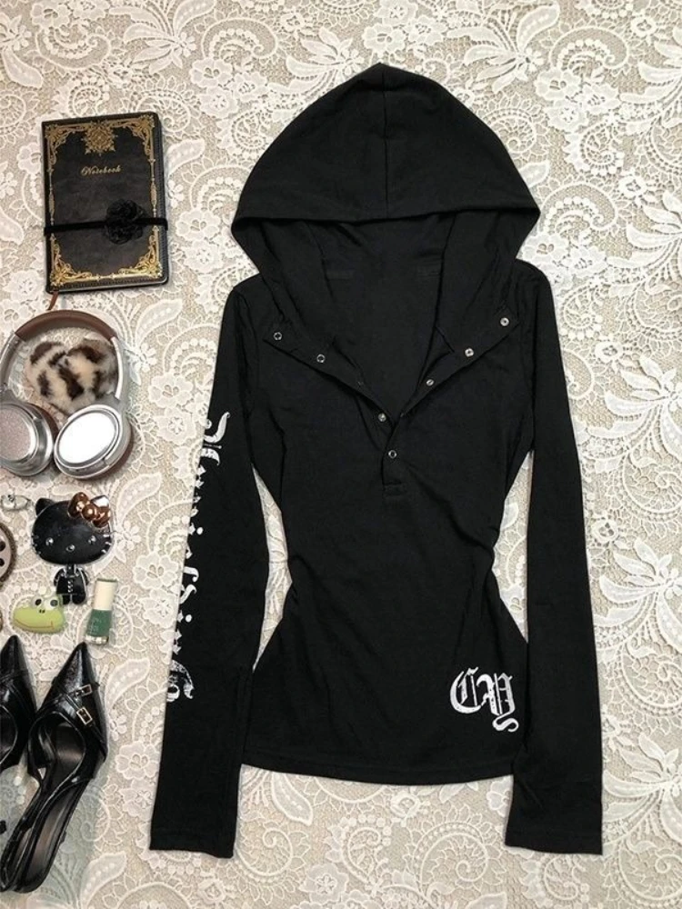 Autumn New Fashion Retro Slim Y2k Tops Women's American Vintage Black Letter Hooded T-shirts Aesthetic Retro Spicy Girl Clothing