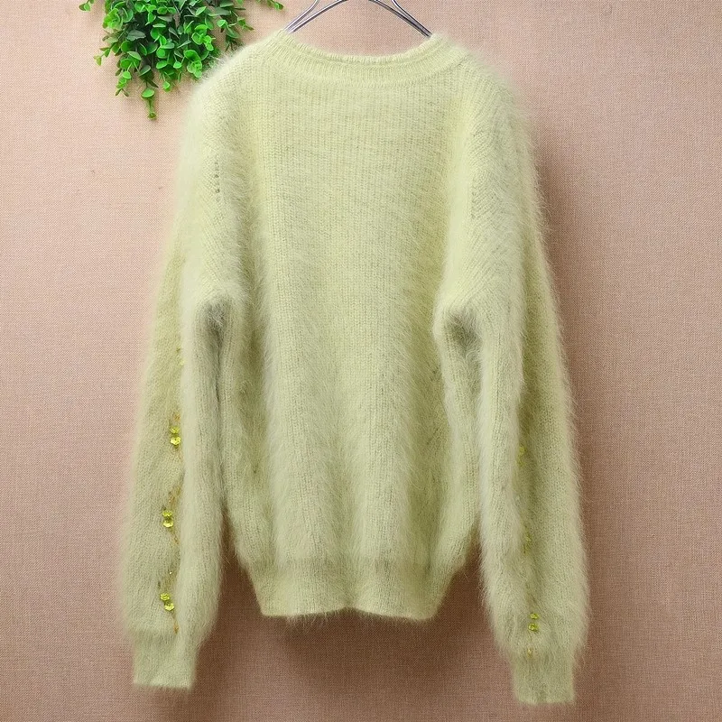 Female Women Spring Winter Clothing Green Beading Hairy Angora Rabbit Hair Knitted O-Neck Slim Blouses Pullover Jumper Sweater