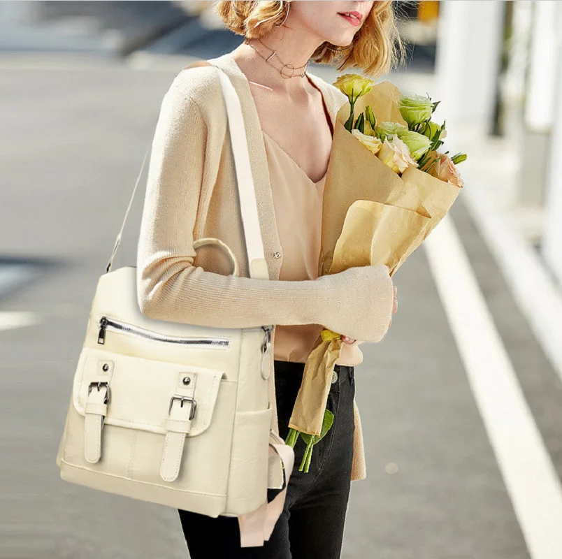 New Fashion Vintage High Quality Leather Double Zipper Shoulder Bags Women's Large Capacity Travel Backpacks Motorcycle Backpack