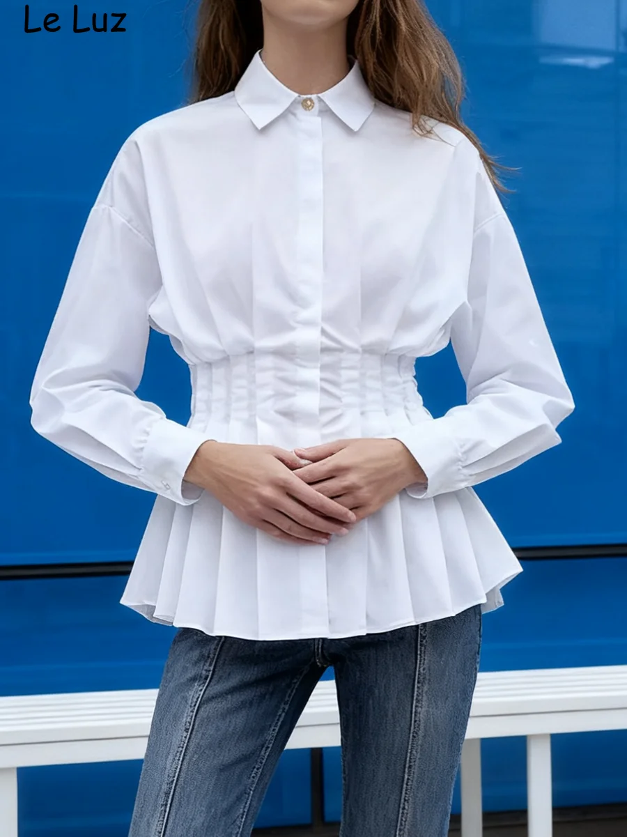 

French Elegant Pleated Blouse Shirt Women Pullover White Waisted Chic Cotton Sexy Casual Spring Autumn Ladies Tops Shirts New