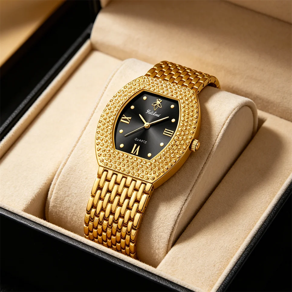 YaLaLuSi Retro Oval Gold Ladies Wristwatch Sparkly Rhinestone Encrusted Bezel Black Dial Quartz Metal Bracelet Women Dress Watch