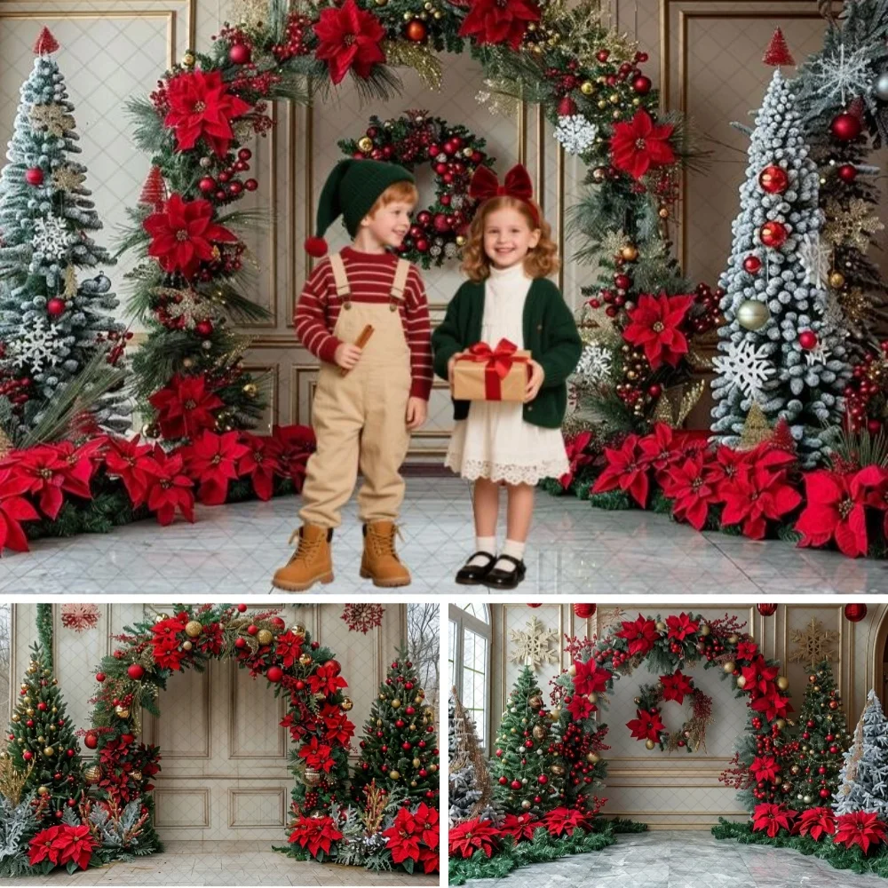 

Winter Christmas Arch Photography Background Xmas Tree Snowflake Decor Holiday Party Kids Portrait Backdrop Photo Studio Props