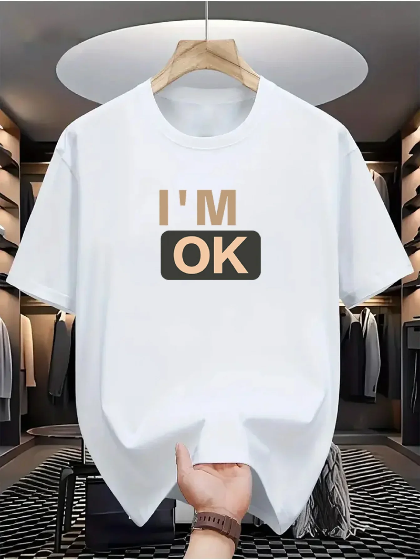 تي شيرت رجالي صيفي 100% من القطن الخالص كاجوال عصري فضفاض بنمط I'm OK مطبوع برقبة دائرية وأكمام قصيرة #1