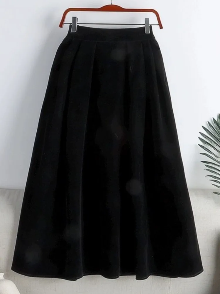 

New Retro Elastic Waistband Patwork Drape Simplicity Long Skirt All Mat Veet Puffy Midi Skirt Autumn and Winter