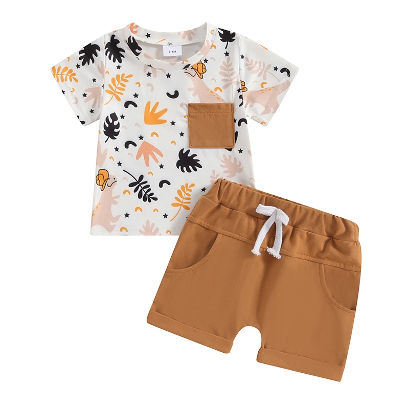 Dinosaurus Outfits Peuter Jongens Zomer Shirt En Korte Broek Set Korte Mouw Ronde Hals Tops Effen Kleur Korte Broek Met Zakken