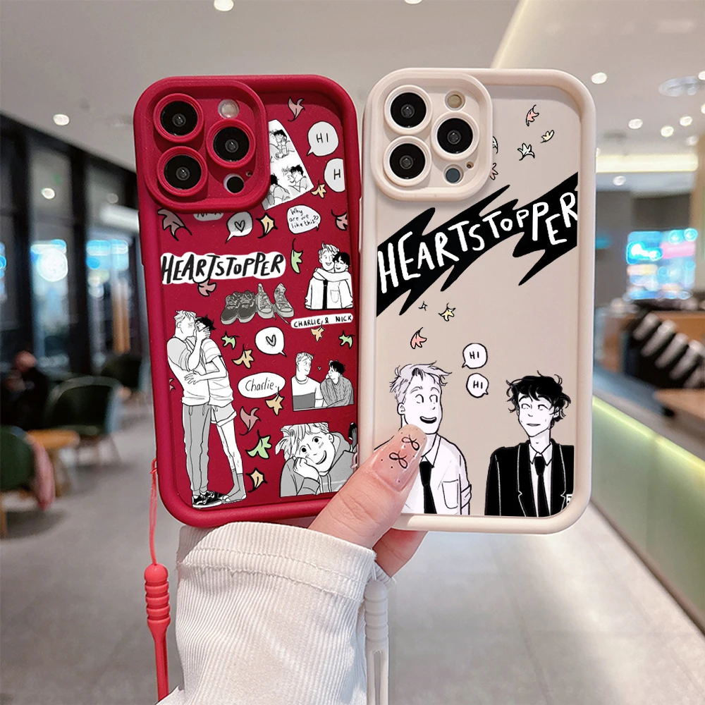 Cartoon Heartstopper Phone Case for IPhone 15 14 13 12 11 Pro Max Mini XR XS X 7 8 Plus Soft TPU Back Cover With Hand Strap