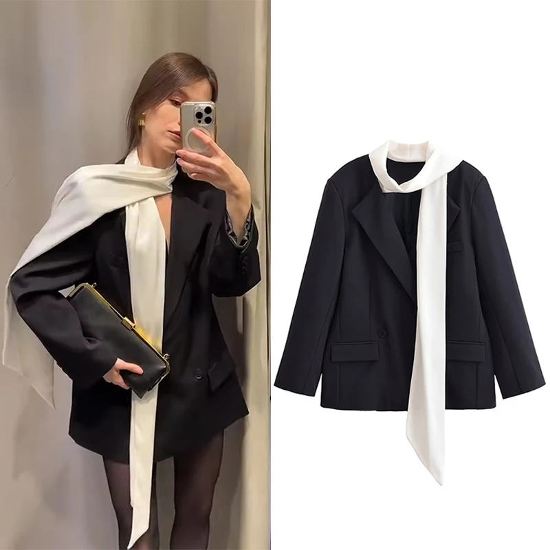 

Элегантный шарф с цветными блоками, съемный блейзер, женский шикарный двубортный свободный пиджак с лацканами, женский 2026, весенне-осеннее женское пальто ﻿