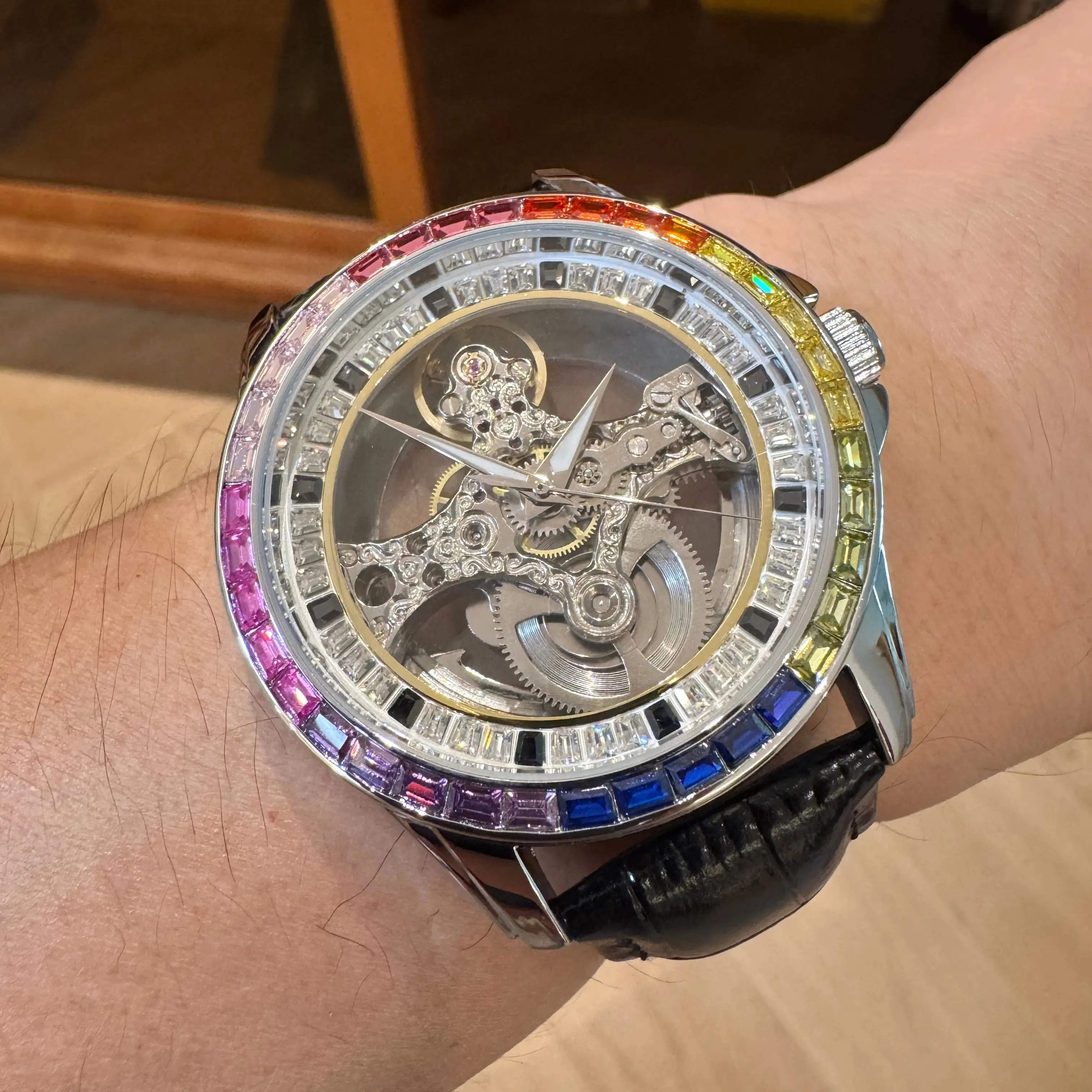 

AOKULASIC Fashion Skeleton Mechanical Watches Luxury Iced Out Automatic Watch for Men Black Leather Strap Business Wristwatches