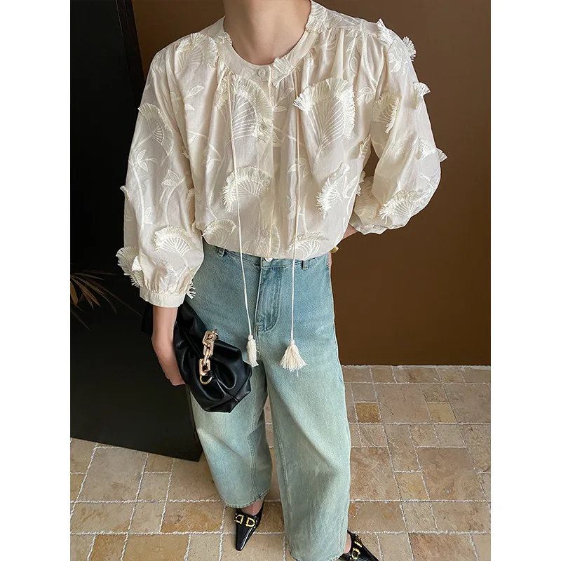 Women 3D Embroidered Round Neck Tassel Shirt Spring Fashion Top Loose Wild Sweet Vintage French Casual Daily Basic Lady Blouses