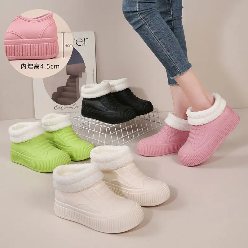 2025 spring high top ankle fur sneakers ladies waterproof PVC galoshes New green elevator rain shoes for women