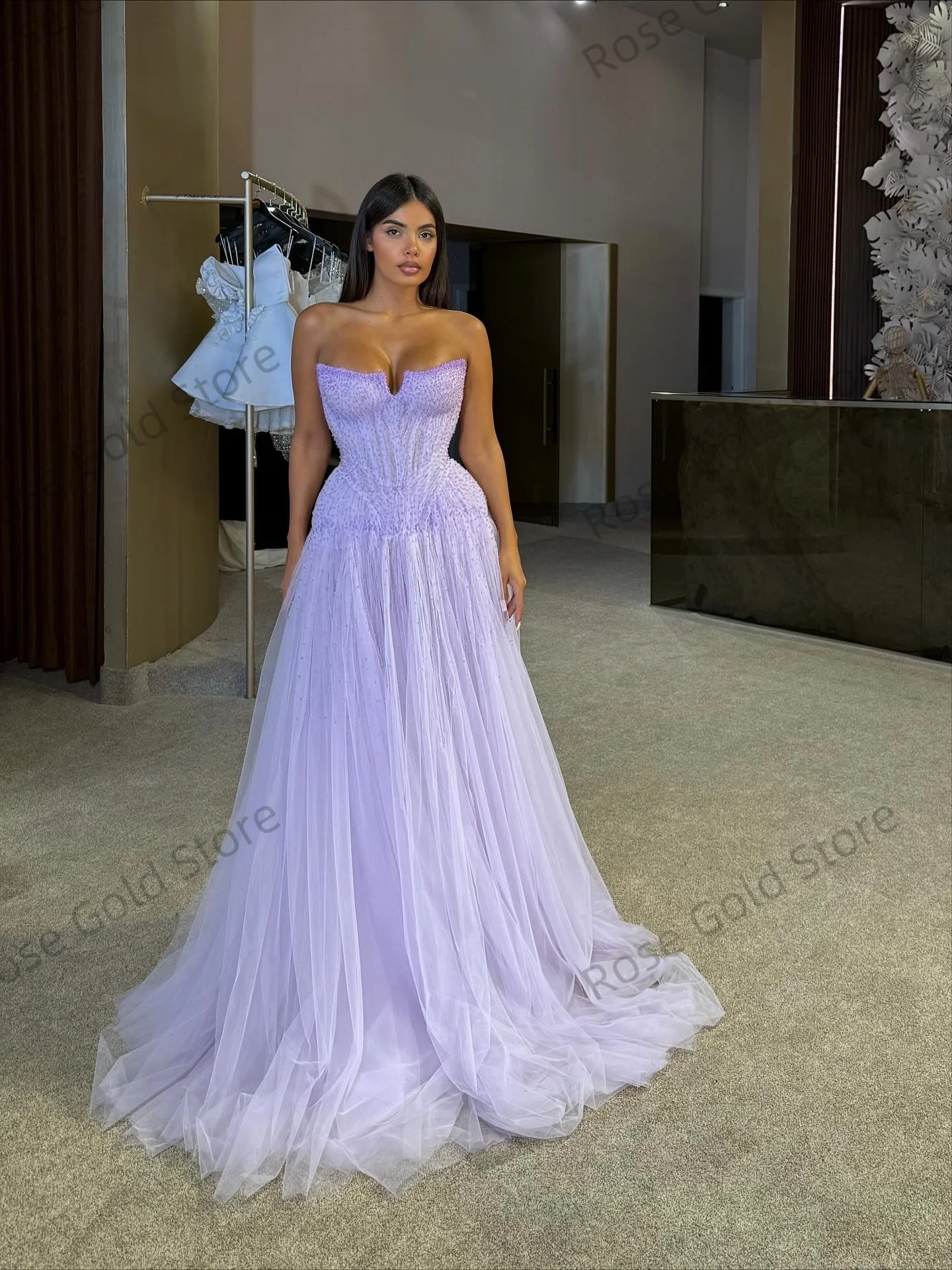 Illusion Light Purple Evening Dresses A Line Sweetheart Glitter Vestido de Noche Customized Sequines Tulle Prom Party Dress